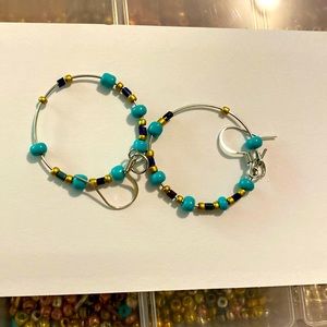 Handmade earrings good quality cyan gold multicolored. Light weight silver hoops